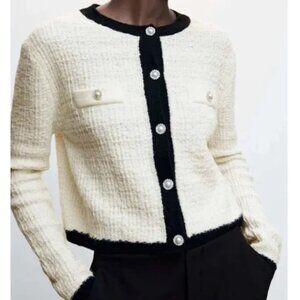 Mango MNG Pocket Tweed Cardigan Sweater Large Off White Black Cotton Blend EUC